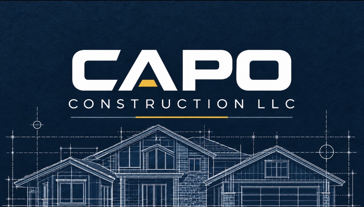 CAPO Construction LLC — navy blueprint artwork with white CAPO lettering and yellow detail
